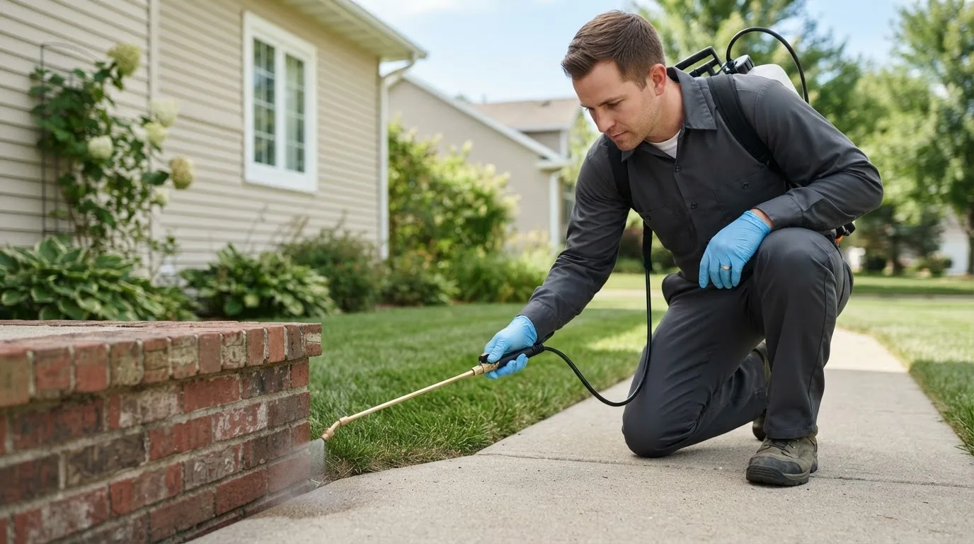 Pest control technician treating a home near Lewis Center, OH