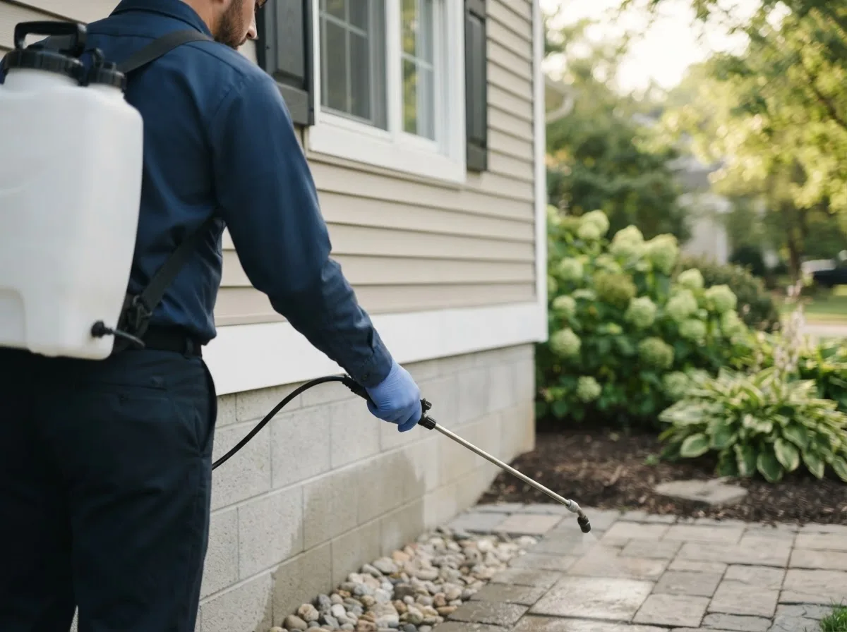 Pest control technician inspecting a home in Lewis Center, OH
